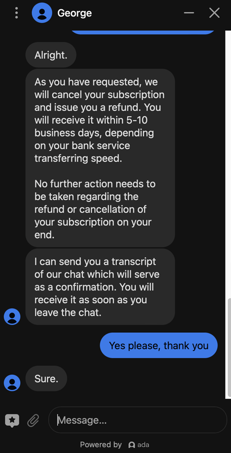 Fin d'une demande de remboursement avec l'agent d'assistance par chat de NordVPN