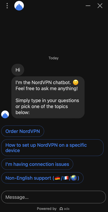 Début d'une discussion avec le chatbot NordVPN