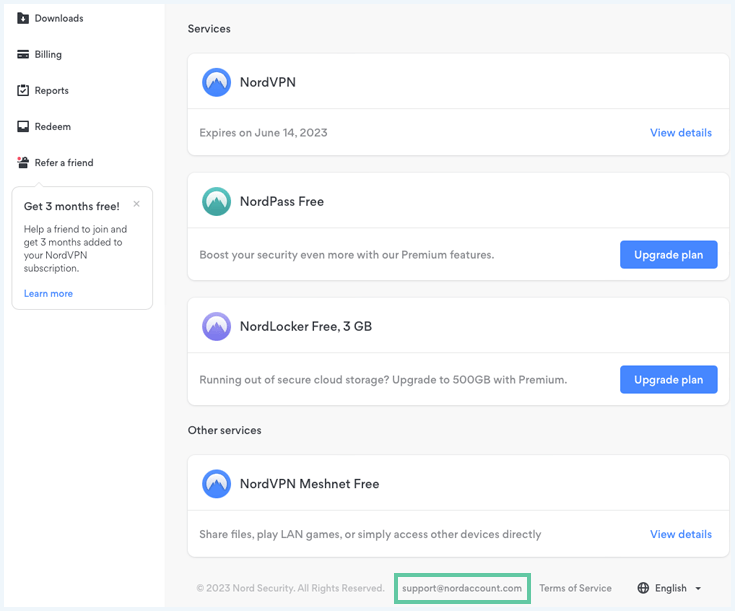 Page du compte NordVPN sur laquelle support@nordaccount.com est mis en évidence
