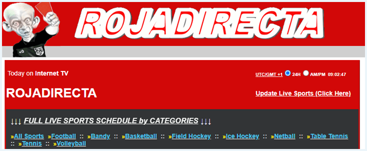 Page d'accueil du site Rojadirecta