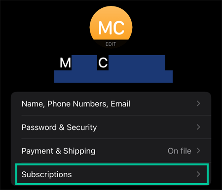 Page de compte iOS où l'élément de menu pour les abonnements est mis en évidence