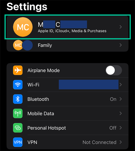 Réglages iOS où le profil est mis en évidence