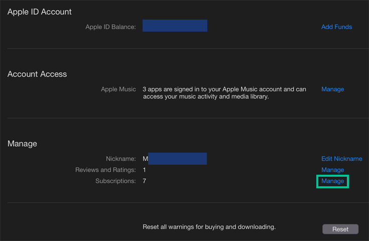 page macOS où le mot Manage est mis en évidence derrière le mot subscriptions