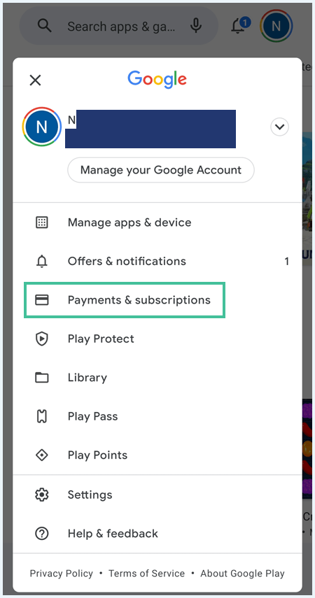 Menu Play Store dont l'élément de menu Paiements et abonnements est mis en évidence.
