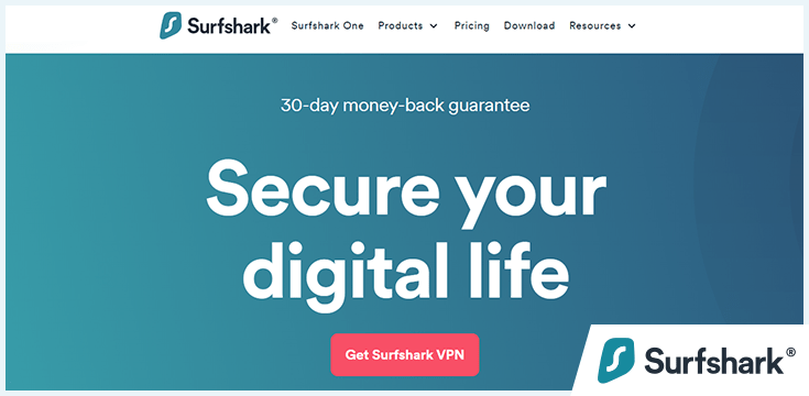 Capture d'écran de la page d'accueil de Surfshark, février 2023