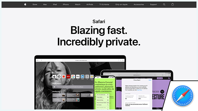 Capture d'écran du site Web Apple avec le logo de Safari ajouté dans le coin