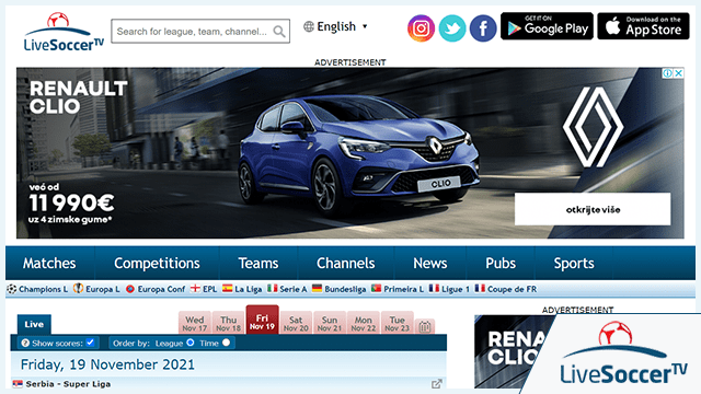 Capture d'écran de la page d'accueil du site Web LiveSoccerTV