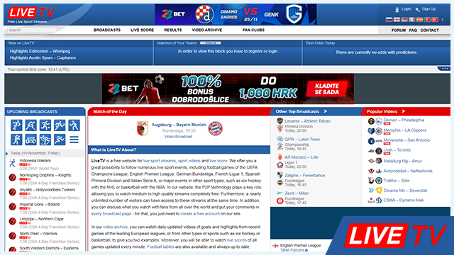Capture d'écran de la page d'accueil du site Web LiveTV