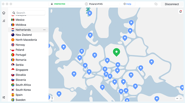 Interface NordVPN, liste des serveurs