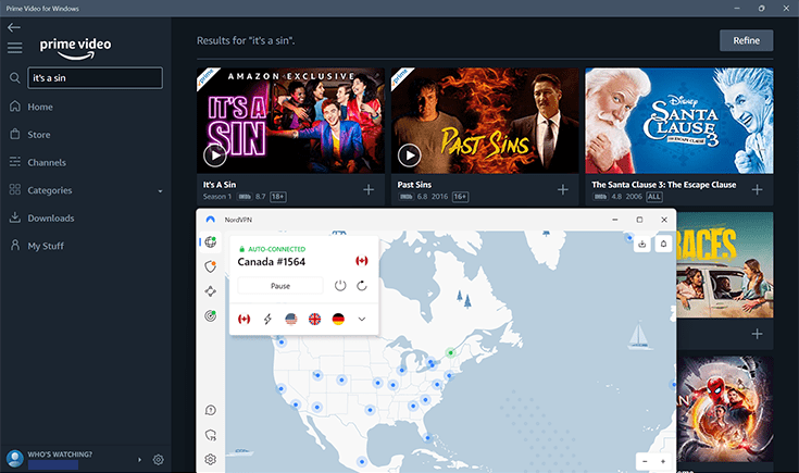 Capture d'écran de l'application NordVPN sur Prime Video