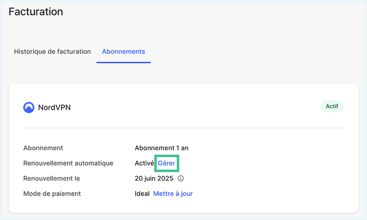 Capture d'écran des abonnements NordVPN avec l'option de renouvellement automatique