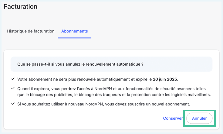 Capture d'écran de l'annulation d'un abonnement à NordVPN