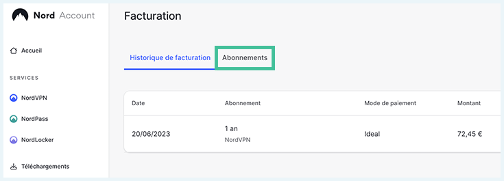 Capture d'écran de l'onglet de facturation NordVPN avec la partie abonnements entourée