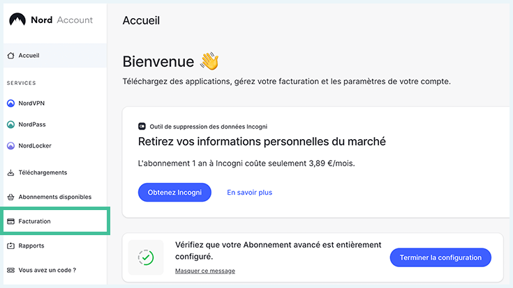 Capture d'écran de l'espace personnel NordVPN avec la partie facturation entourée