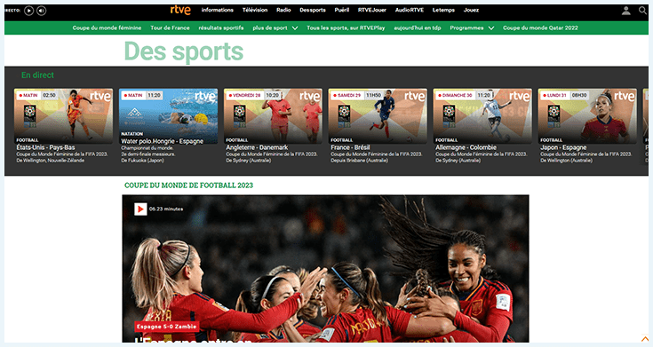 Capture d'écran de la rubrique Des sports" du site de RTVE