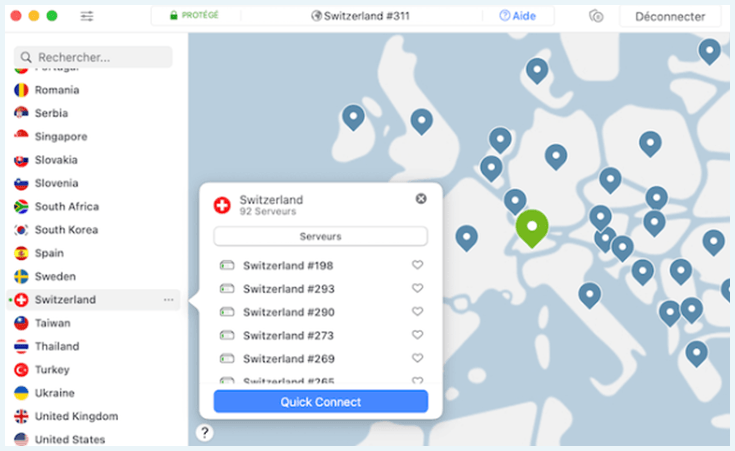 Capture d’écran de la carte interactive des serveurs suisses de NordVPN