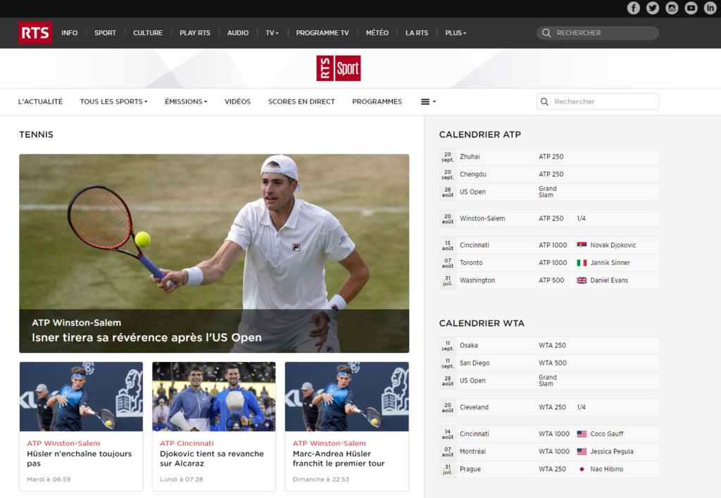 Capture d'écran de la page d'accueil du site web RTS rubrique Sport - Tennis