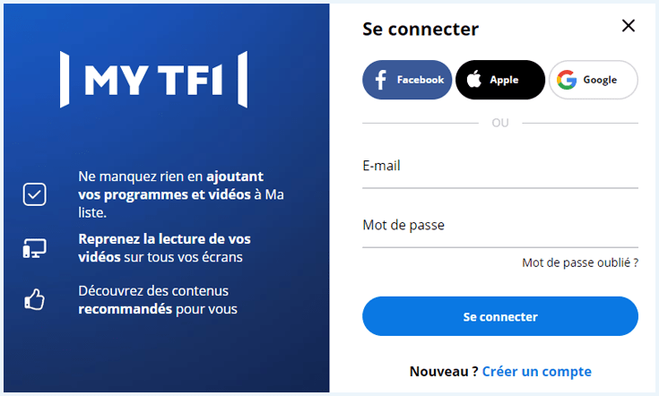 Capture d’écran de la page de connexion du site web de MYTF1