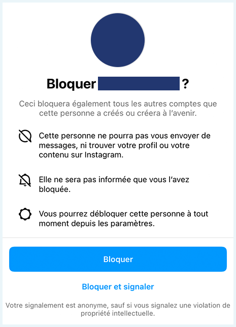 Capture d'écran de blocage d'un utilisateur sur Instagram