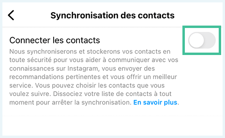 Capture d'écran du paramètre Instagram pour synchroniser ses contacts