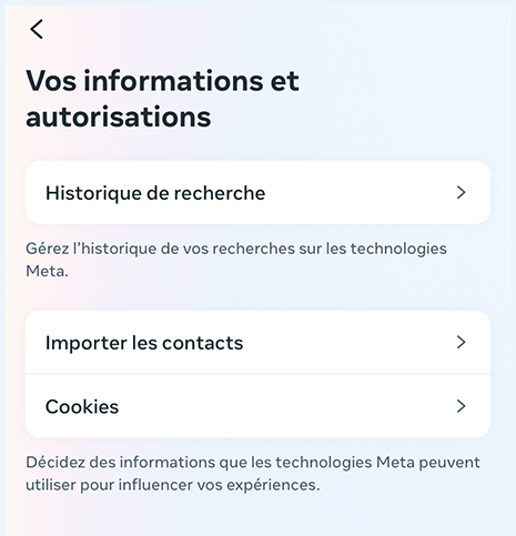 Capture d'écran des paramètres du compte Instagram pour l'utilisation des cookies