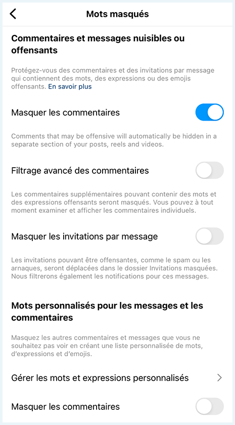 Capture d'écran des paramètres d'Instagram pour masquer des commentaires contenant certains mots