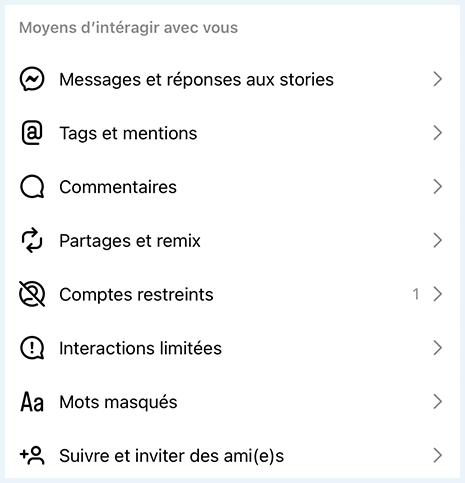 Capture d'écran des paramètres Instagram sur les moyens des autres utilisateurs d'interagir avec vous