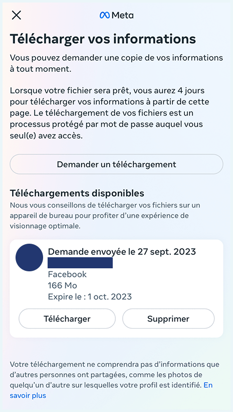 Capture d'écran de la demande de téléchargement des données Instagram