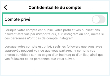 Capture d'écran du paramètre pour passer son compte Instagram en privé