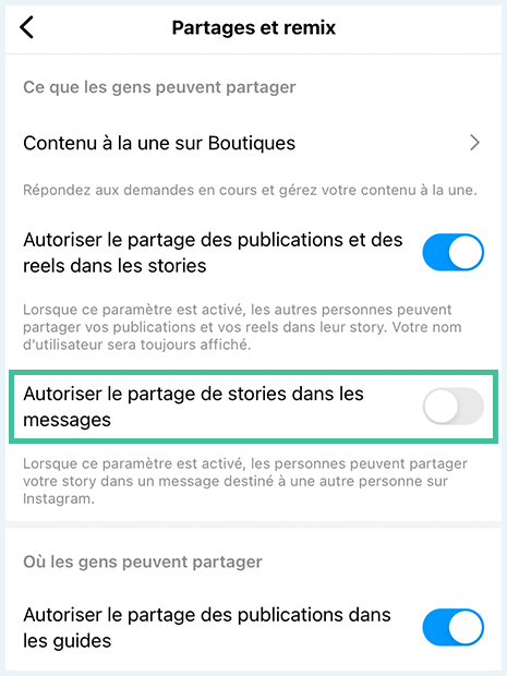 Paramètre de confidentialité relatif au partage des stories en message privé sur Instagram