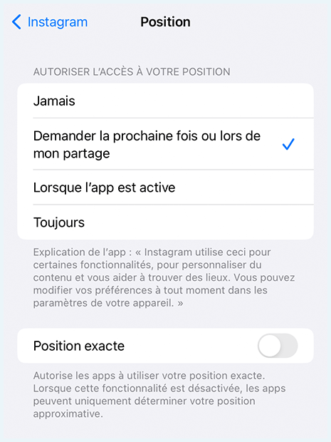 Capture d'écran des paramètres de localisation pour Instagram