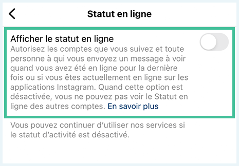 Capture d'écran du paramètre du statut d'activité sur Instagram