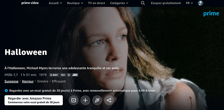 Halloween, film d’horreur pour Halloween disponible en streaming sur Prime Video