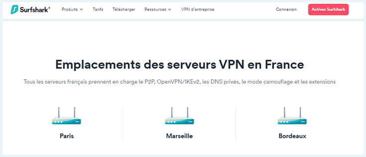Capture écran des serveurs en France de Surfshark