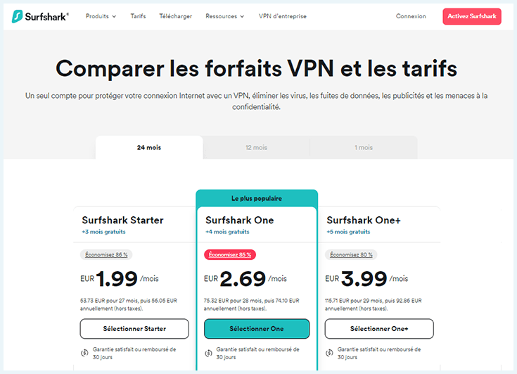 Capture d'écran de la page des tarifs du VPN Surfshark