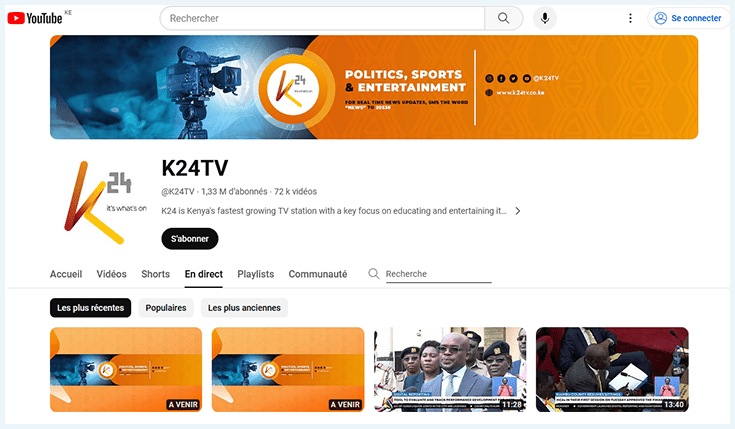 Page d'accueil du canal YouTube de la chaîne K24 sur laquelle sont accessibles plusieurs matchs gratuits de la Premier League