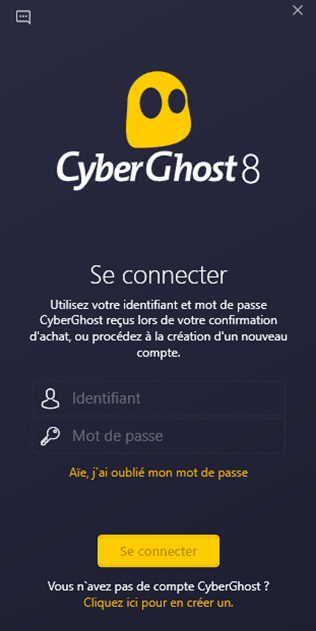 Page de connexion au VPN CyberGhost