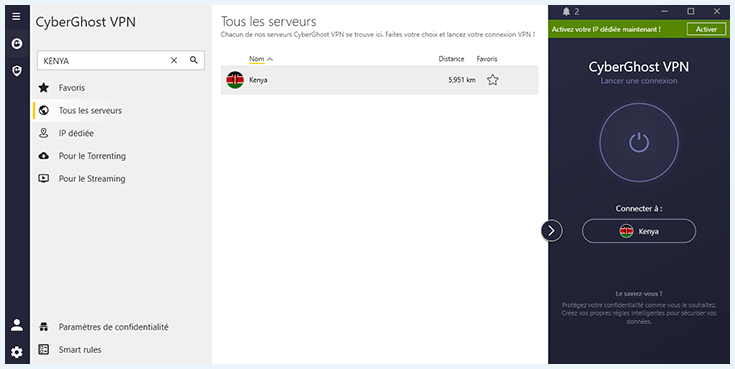 Page de choix de serveur VPN de Cyberghost montrant un serveur au Kenya.