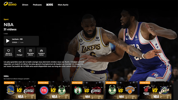 Capture écran de la page d'accueil du site RTBF Auvio rubrique NBA