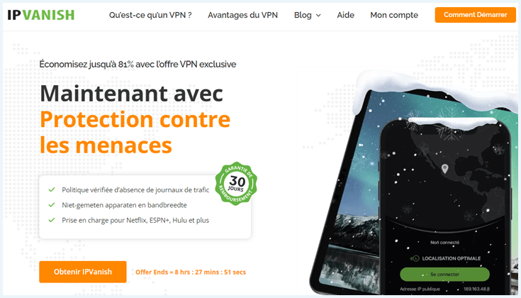 Capture écran du site web IPVANISH avec la promotion en cours
