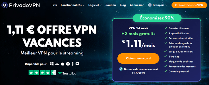 Capture écran du site web PrivadoVPN