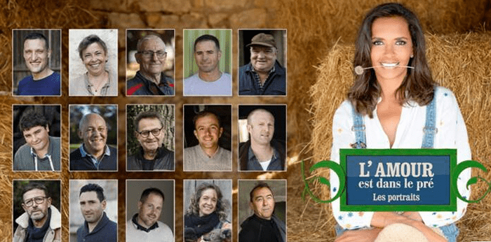 Capture écran de l'amour est dans le pré montrant Karine Lemarchand et les portraits des candidats agriculteurs 2024