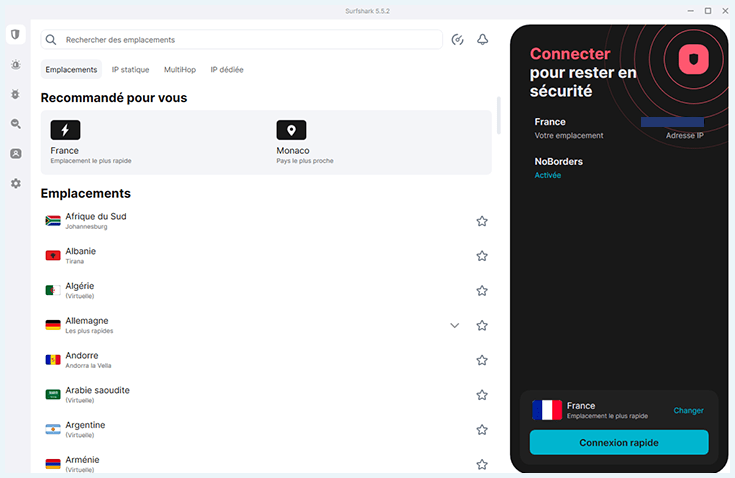 Capture écran de la page de choix des serveurs Surfshark
