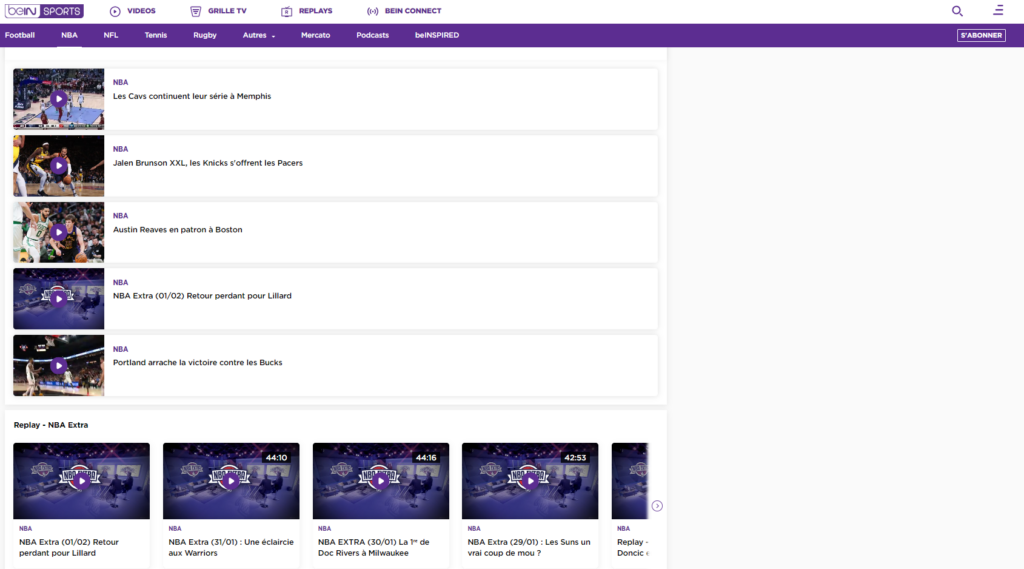 Capture écran du site beIN Sports rubrique NBA