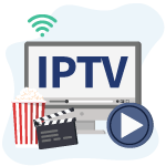 Image symbolisant l'IPTV avec un pot de pop corn, un clap cinéma et un bouton play