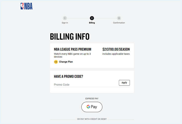 Capture écran montrant la page de paiement du NBA League pass avec Google Pay au tarif colombien