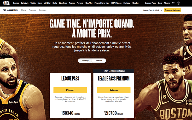 Capture écran de la page d'accueil du NBA League Pass avec le tarif colombien