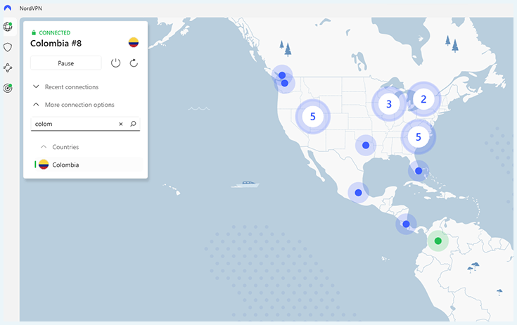 Capture écran montrant la carte des serveurs de NordVPN avec une connexion à un serveur colombien
