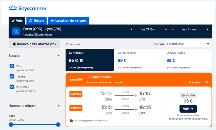 Capture écran du site de skyscanner en version française montrant les tarifs des vols entre le Portugal et la France