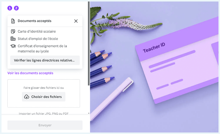 Capture écran du site Canva montrant le moment ou il faut joindre un document prouvant la scolarité de l'étudiant